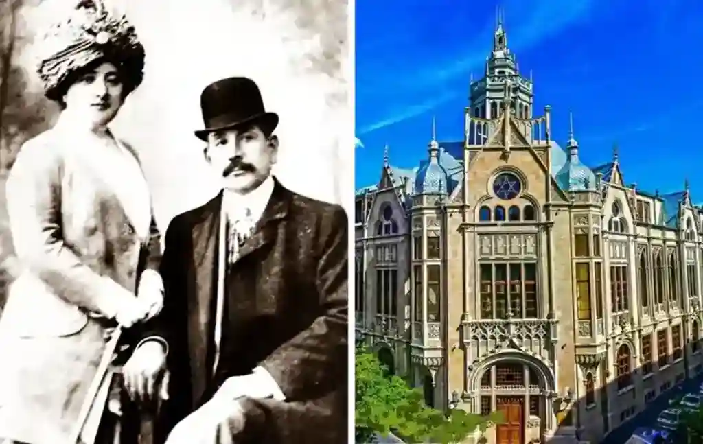 Коллаж: дворец Муртуза Мухтарова и он с супругой Елизаветой Тугановой