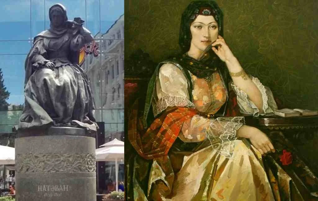 Коллаж с памятником поэтессе Хуршудбану Натаван в Баку
