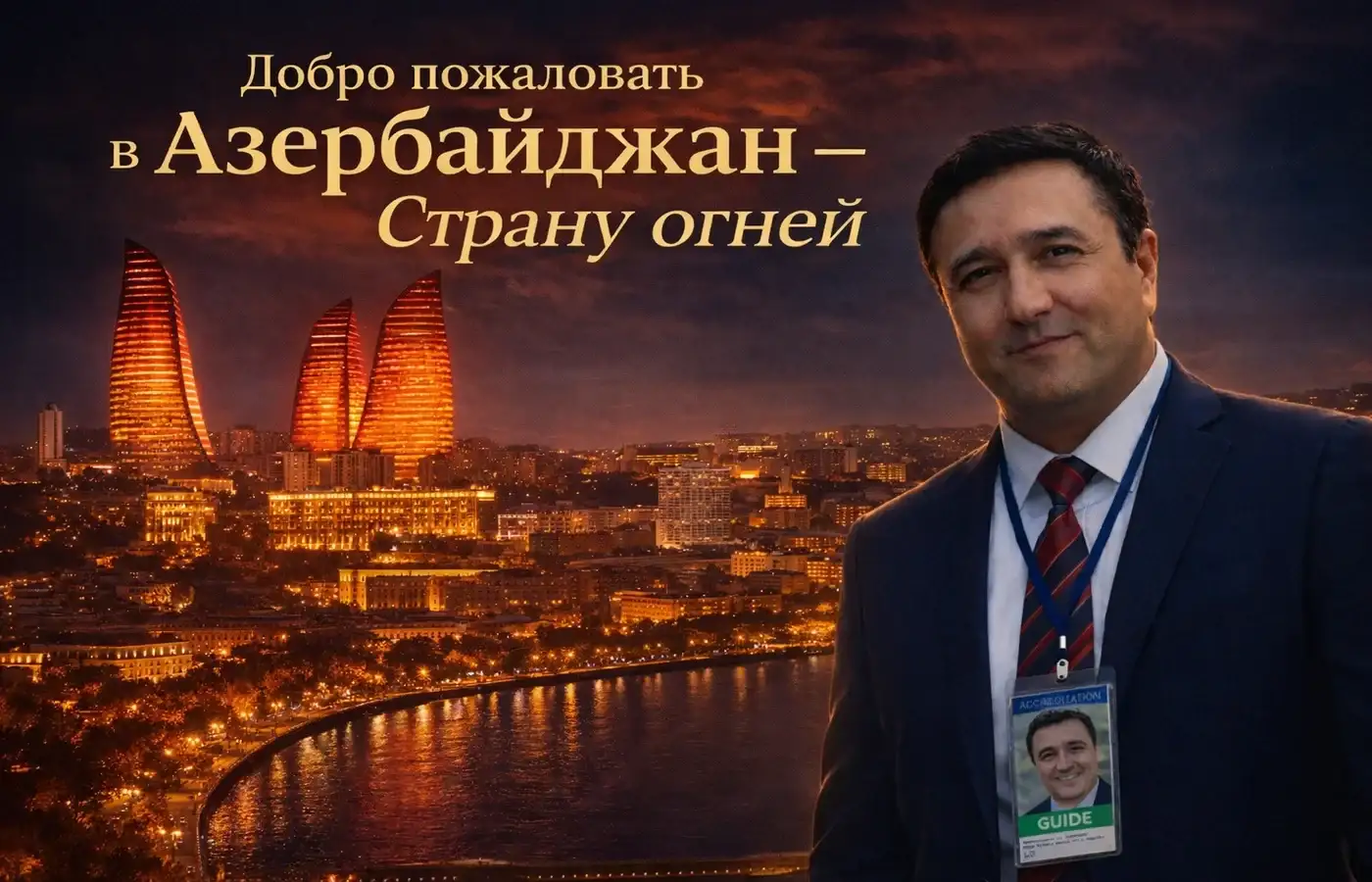 Приветственное фото гида Микаила в Баку на фоне пламенных башен